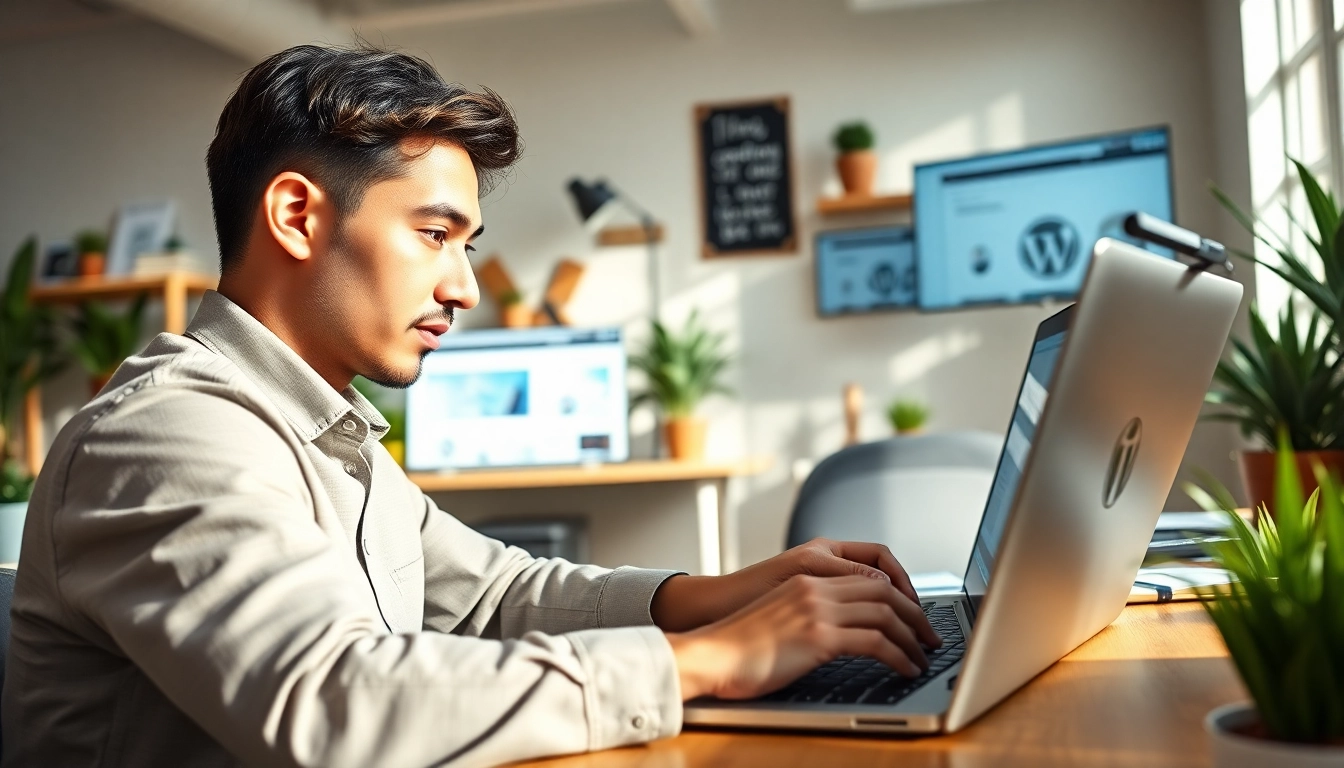 Engaged WordPress developer near me in a modern workspace, showcasing professionalism and creativity.