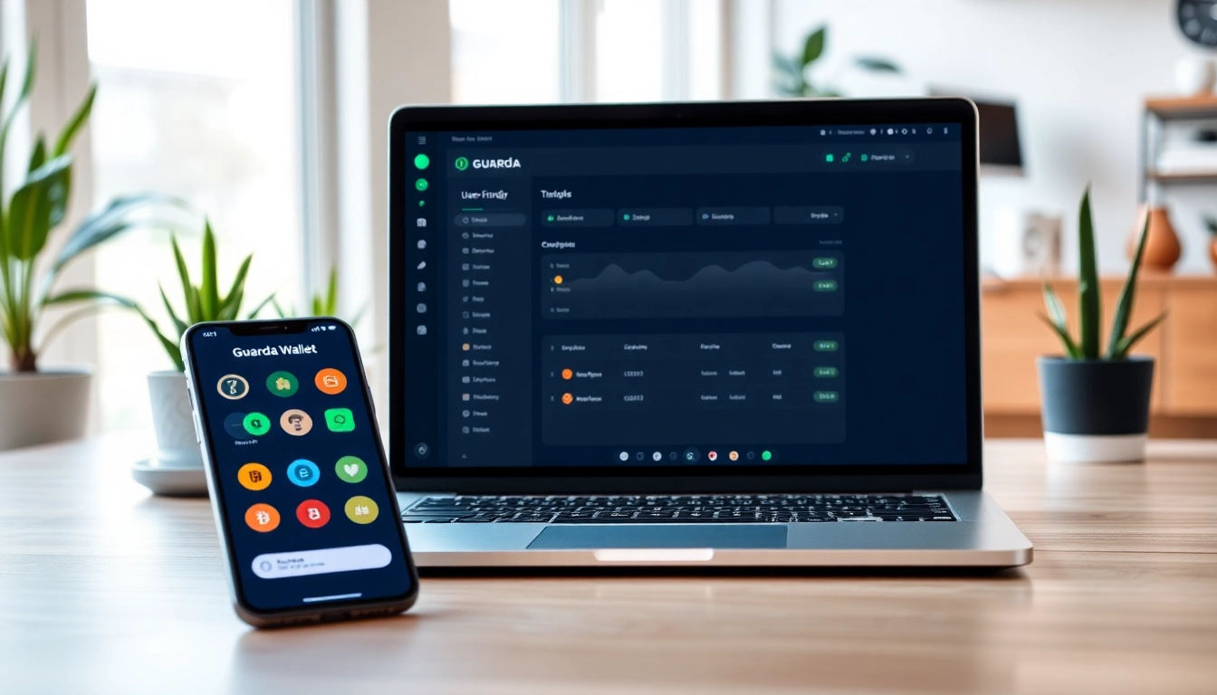 Showcase the guarda wallet interface on a laptop and smartphone in a modern workspace.