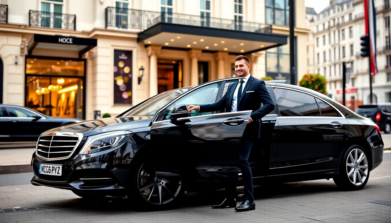 Experience luxury chauffeur service London with a professional chauffeur welcoming guests at a prestigious hotel.