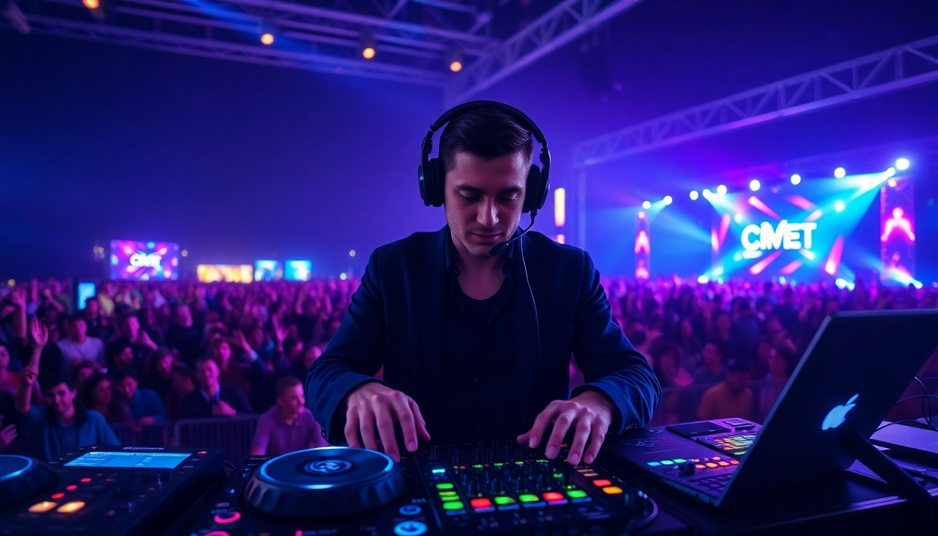 Experience the energy of dj music through a professional DJ performing live at a vibrant festival.