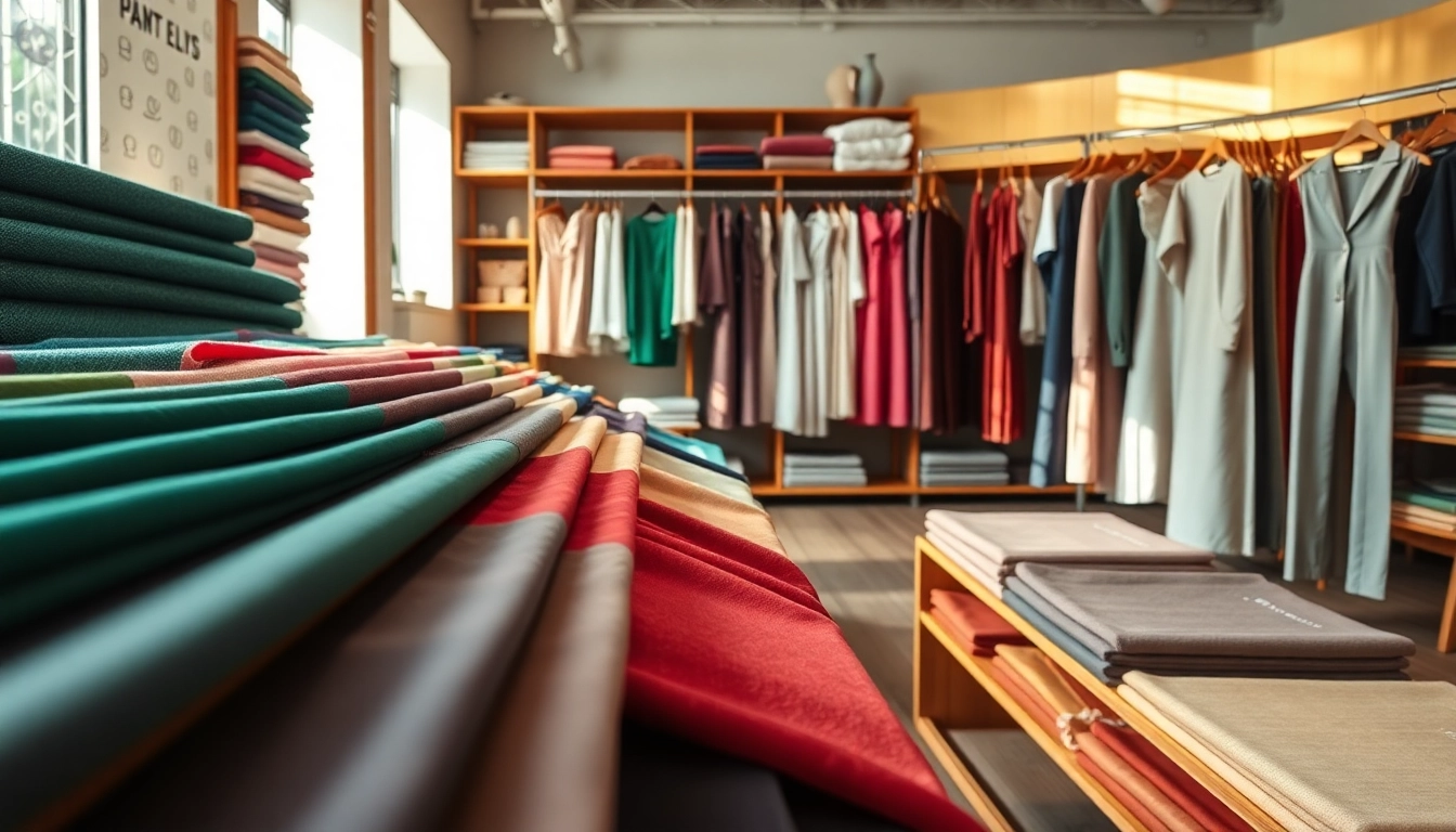 Punta di Roma stoffen in diverse kleuren op een toonbank in een stoffenwinkel