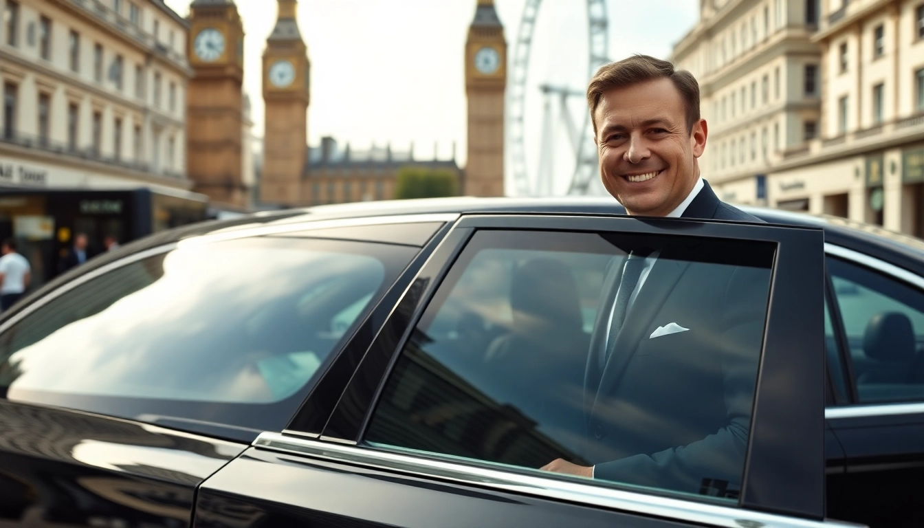 Luxurious chauffeur service london with a professional driver welcoming a passenger in front of famous London landmarks.
