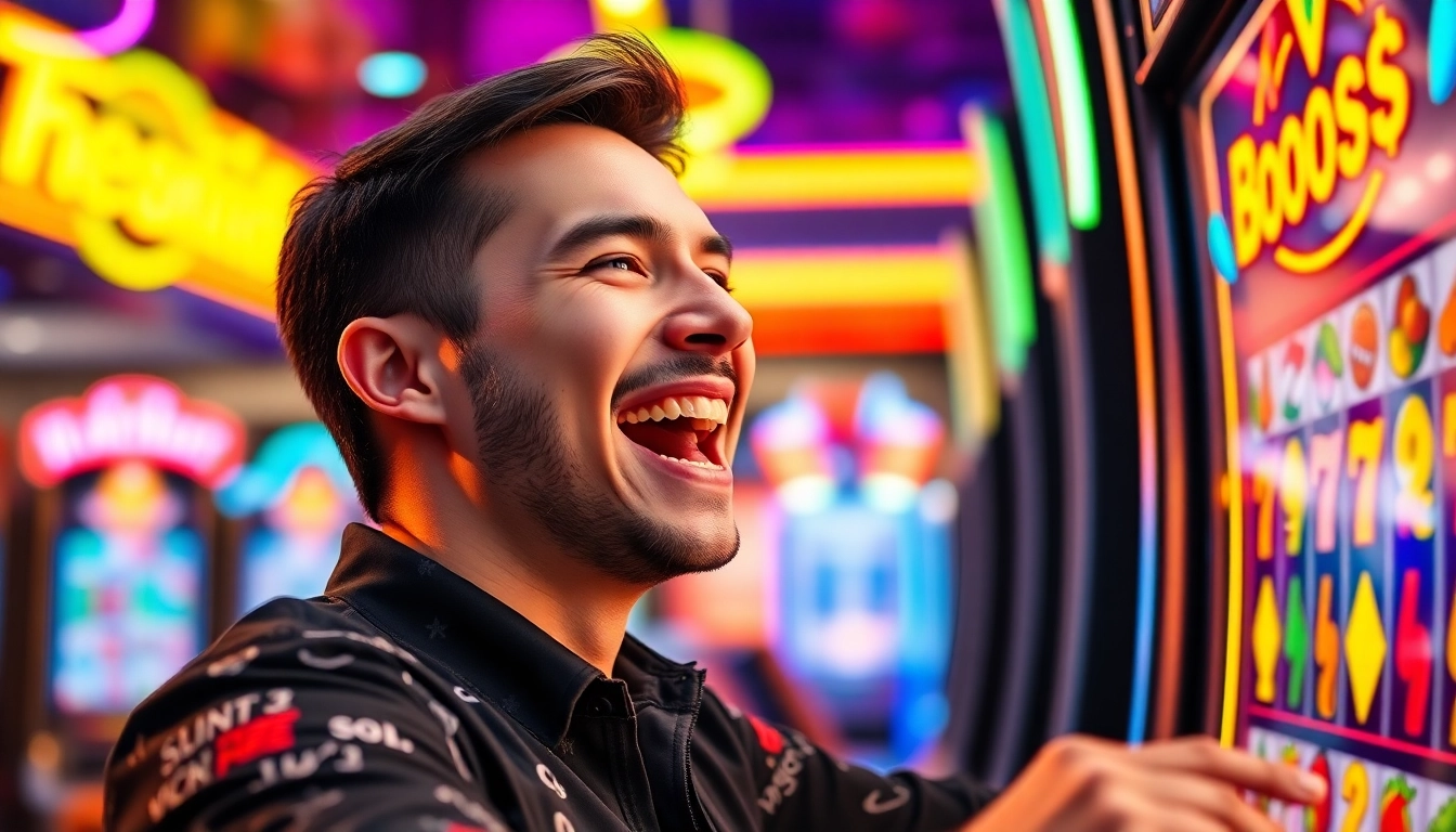 Momen kemenangan saat memainkan bos88 slot dengan ekspresi bahagia dan suasana kasino yang hidup.