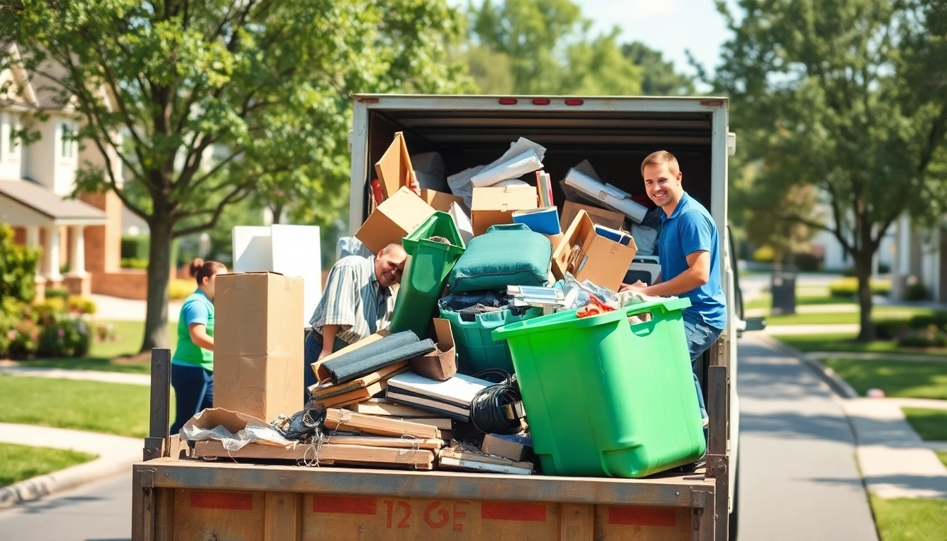Efficient junk removal near me service actively clearing debris and household items in a residential area.