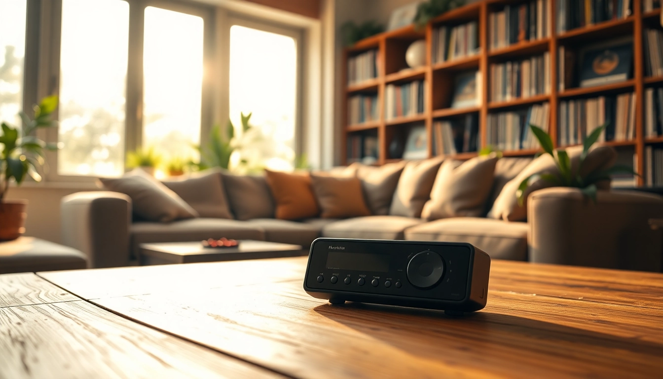 Showcase a modern MP3 player from https://hardwareplayer.com on a table with a cozy setting.