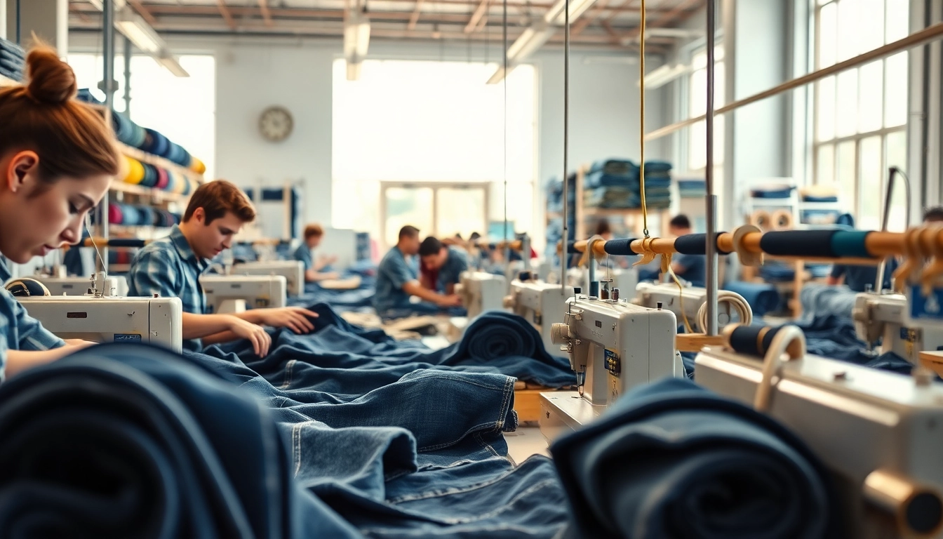 Showcasing jeans factory manufacturers in action, capturing skilled craftsmanship and vibrant production.