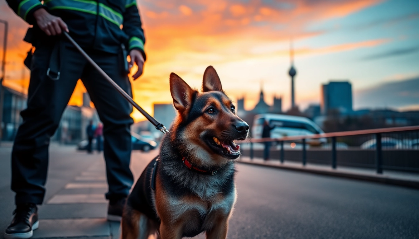 Security Dog Services Liverpool showcased with a highly trained dog and handler in Liverpool's urban setting.