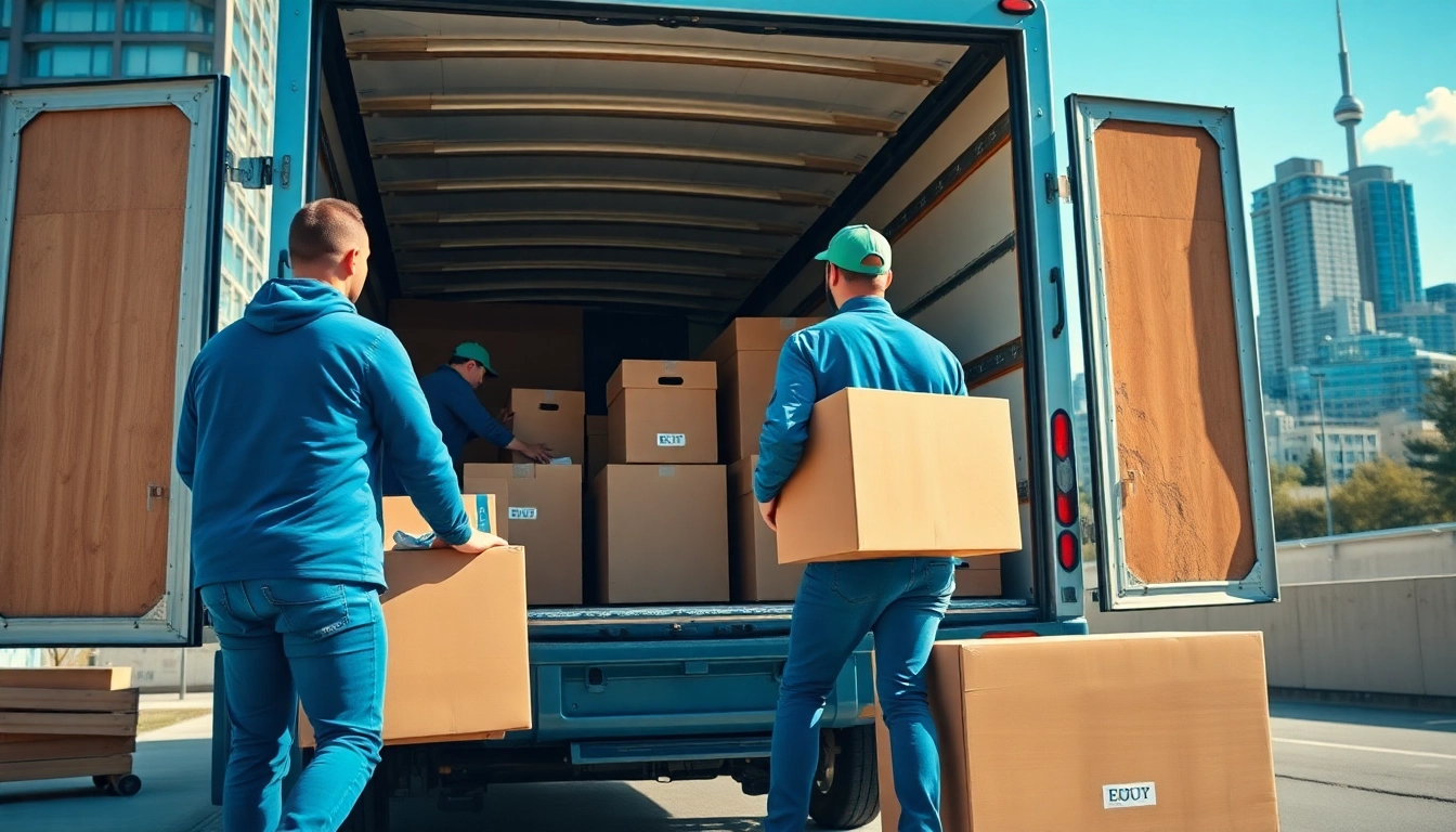 Moving company Toronto team efficiently packing and loading items in an urban setting.