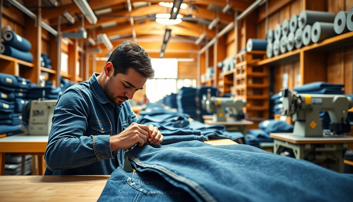 Skilled artisans at work in jeans factory manufacturers creating high-quality denim.