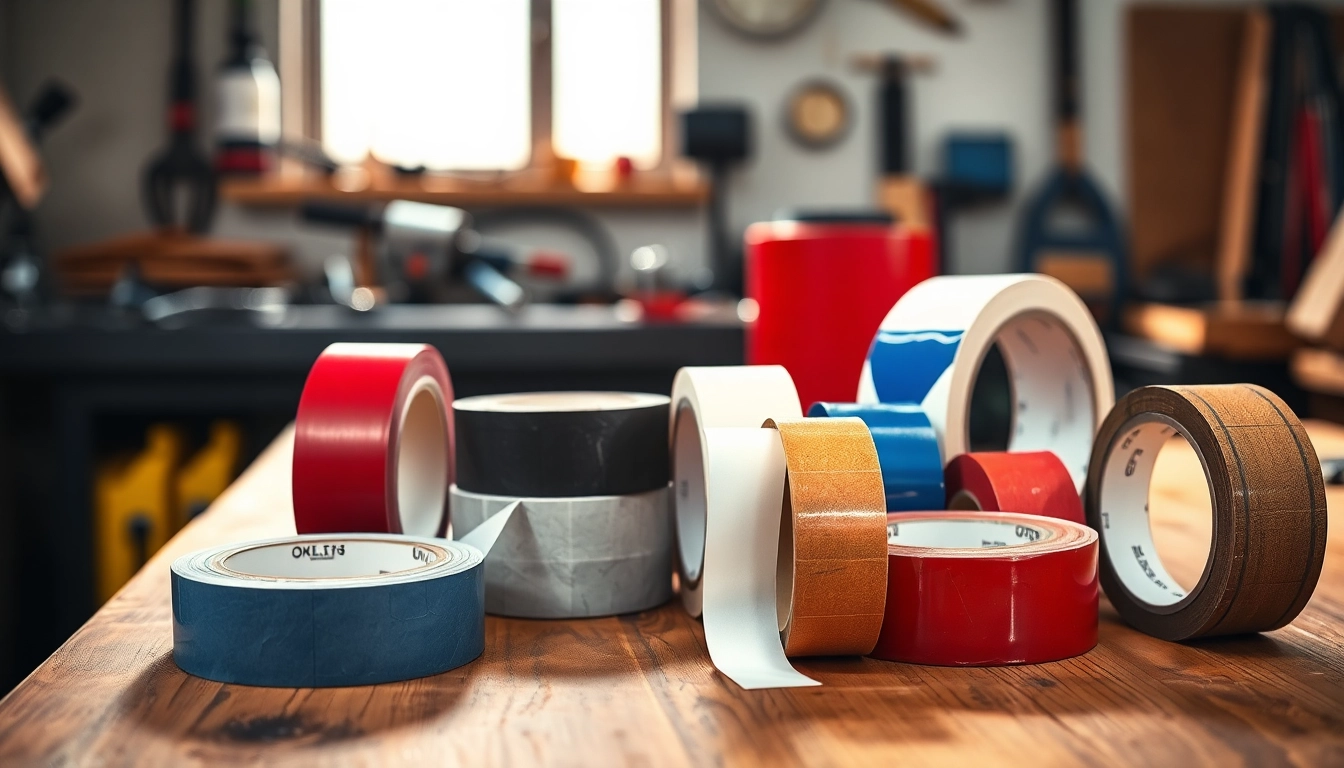 Showcasing UK industrial tapes with various textures and colors on a workshop bench.