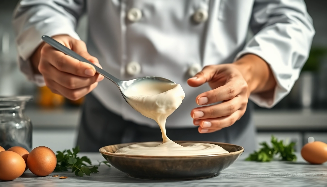 Mousseline sauce being prepared by a chef in a bright kitchen setting.