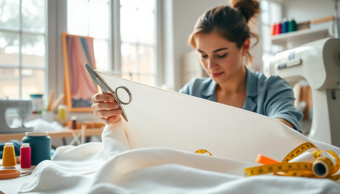 Ontwerp met ongebleekt katoen in een lichte naaistudio met kleurrijke materialen.