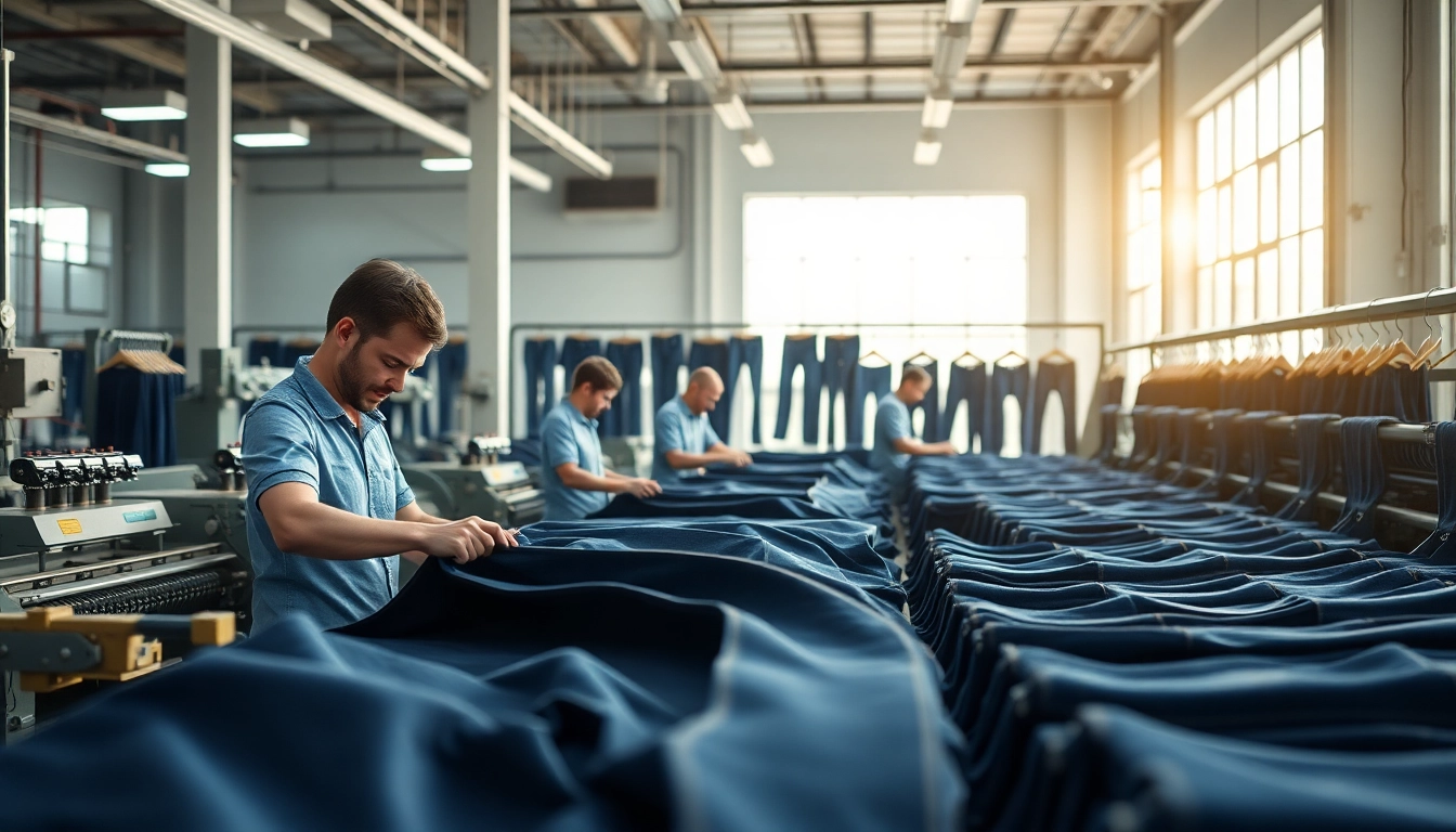 Engaged workers at jeans factory manufacturers showcase skilled denim production process.