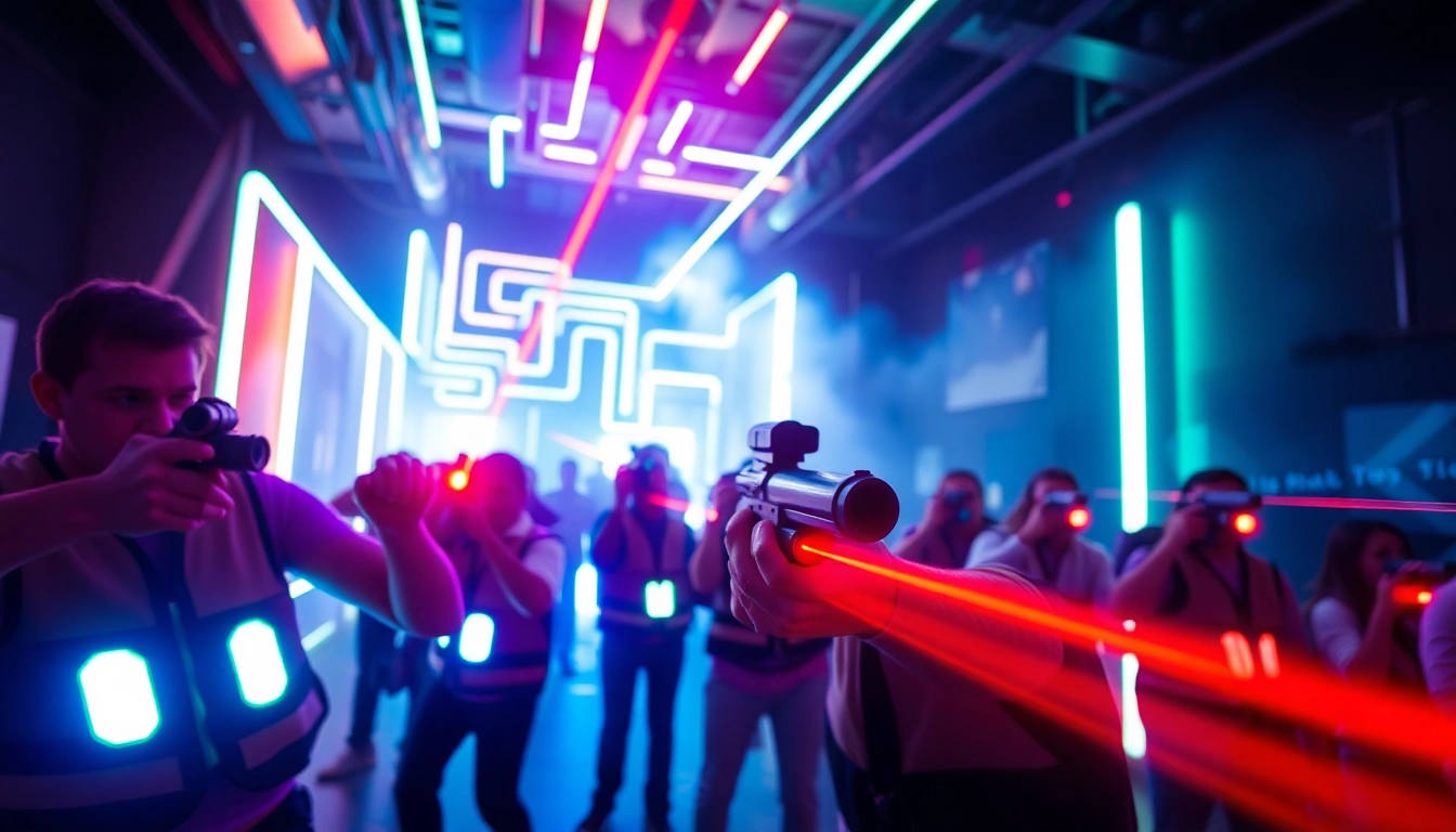 Players engaged in laser tag battle, illuminated by vibrant beams of light in an exciting arena