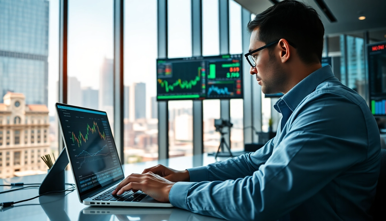Analyze market trends and data in a modern office environment.