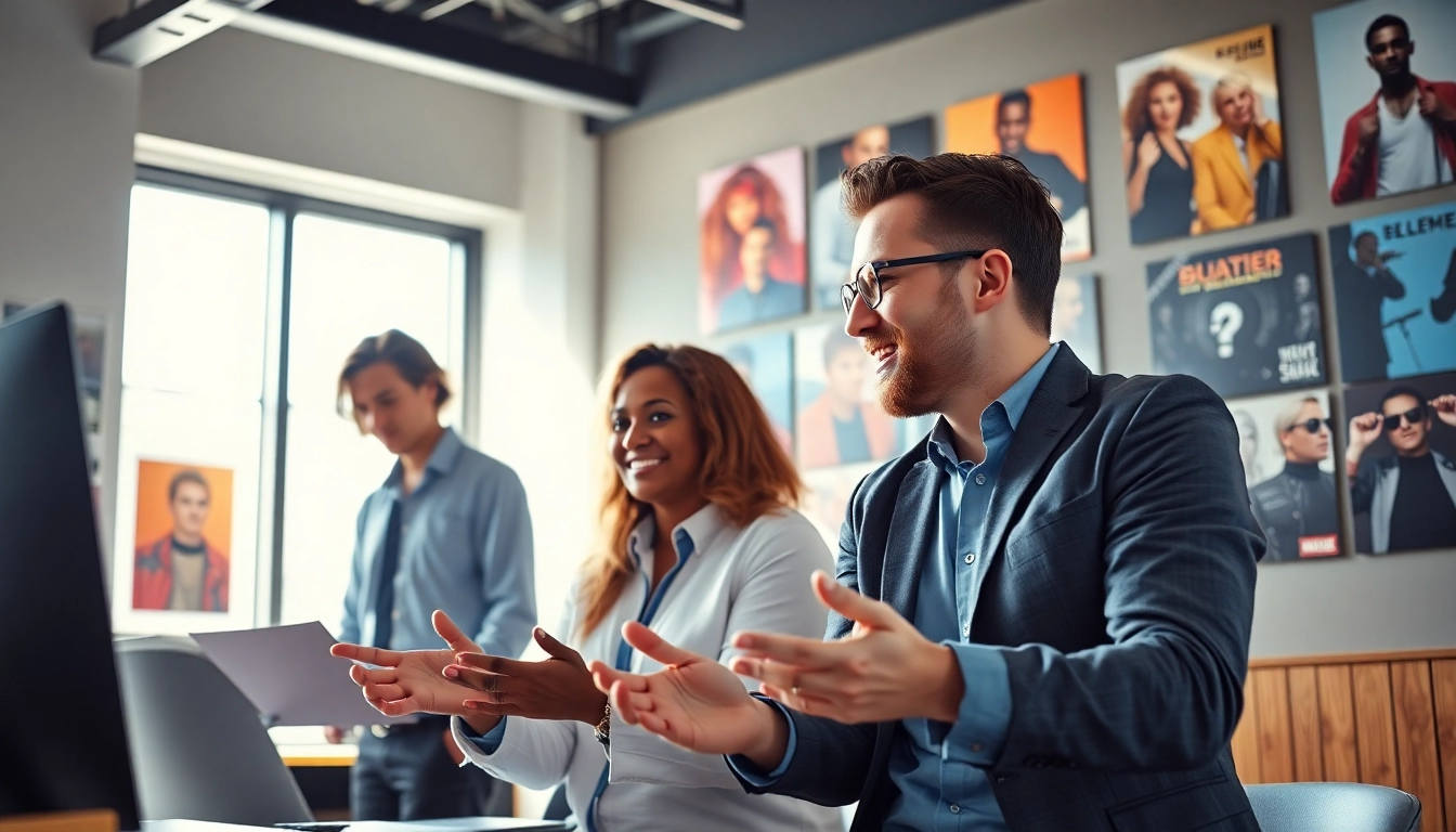 Engaging teamwork among Music PR Firms professionals in a modern office setting.