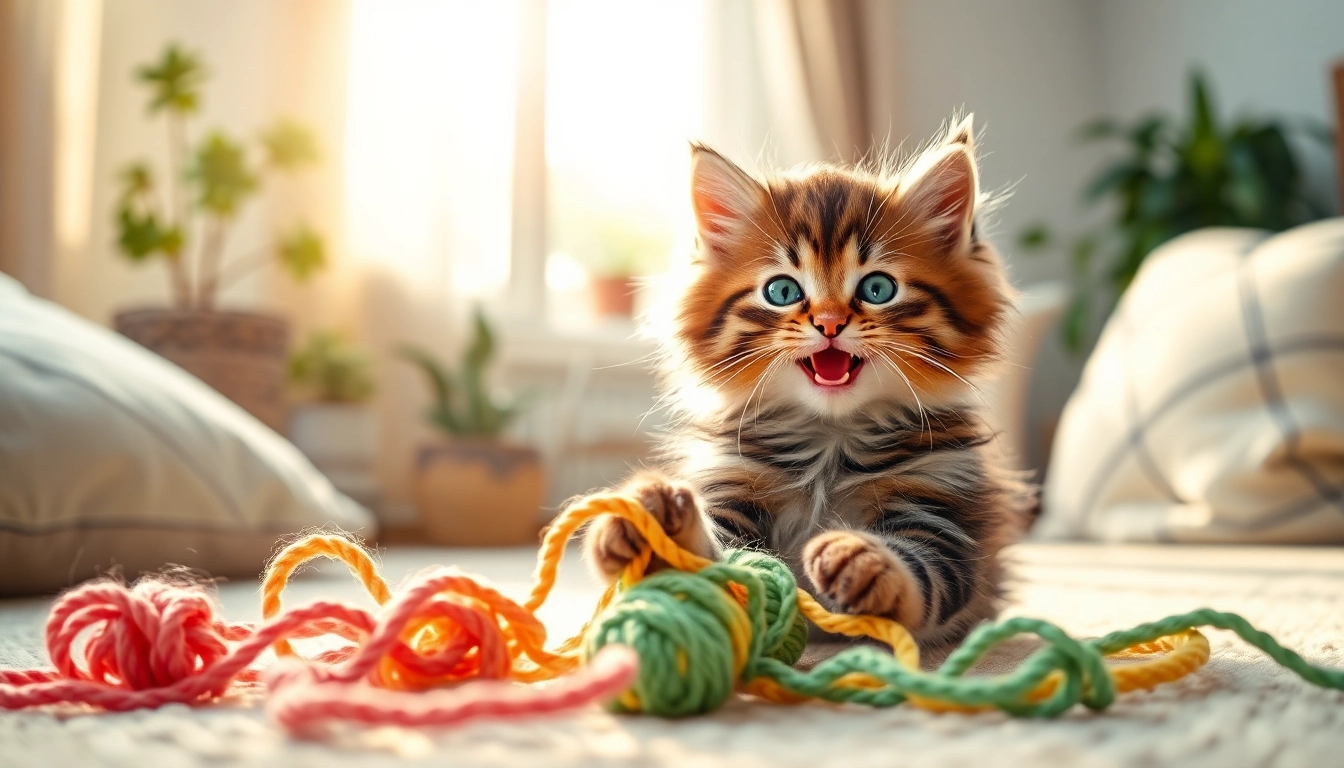 Playful Maine Coon kittens for sale California engaging with colorful yarn in a cozy indoor setting.