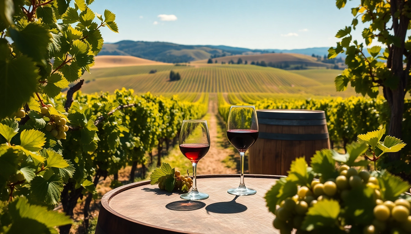 Indulge in the serene atmosphere of Winery Sacramento surrounded by lush vineyards and wine glasses.