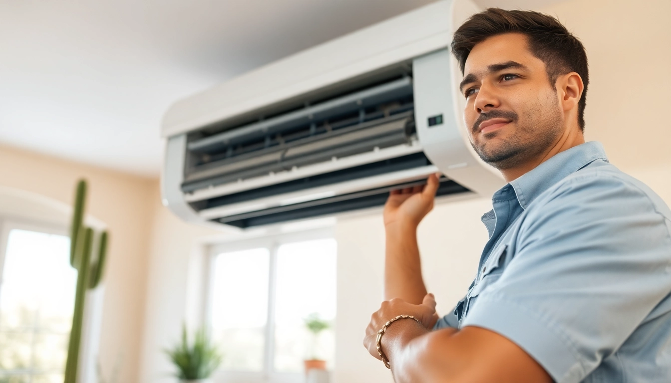 Technician servicing a Scottsdale AC unit in a sunlit home, ensuring optimal performance.