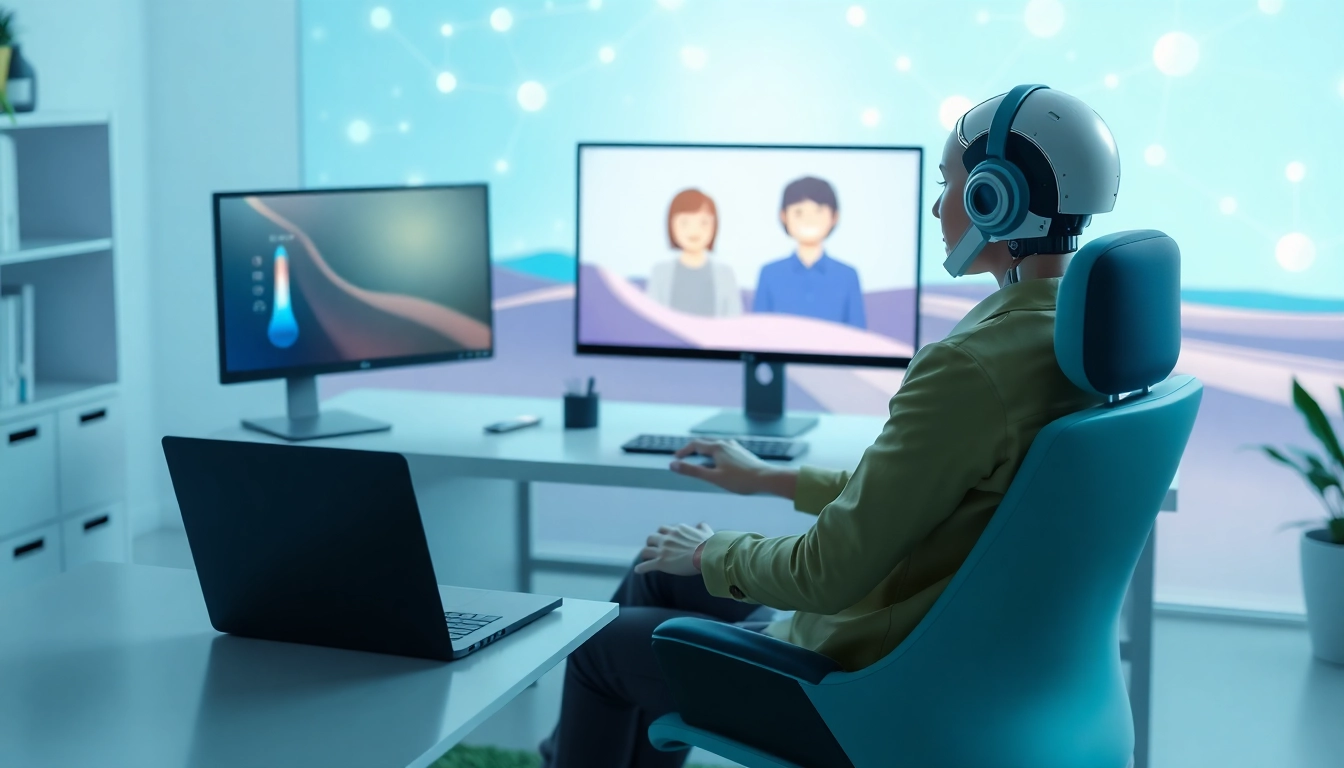 Create an engaging AI companion unlimited experience with a friendly avatar at a modern workstation.