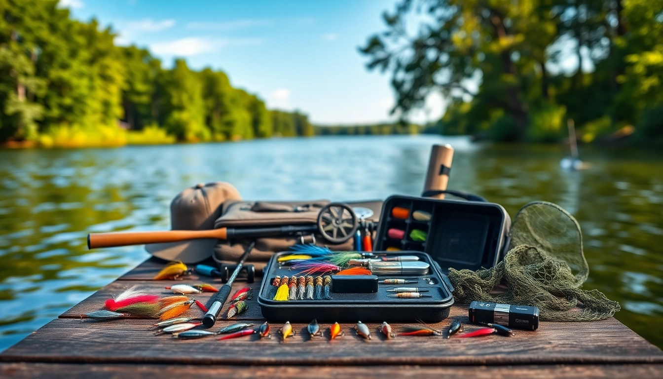 Capture a vibrant fly fishing kit arranged artfully on a dock, showcasing essential fishing gear.
