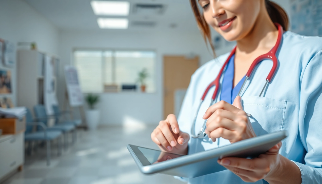 Engaging healthcare professional using eprescribing software for small practices on a tablet in a bright clinic.
