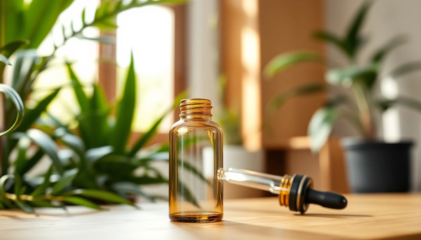 Showcase of CBD UK oil droppers in a tranquil setting with plants and natural light.