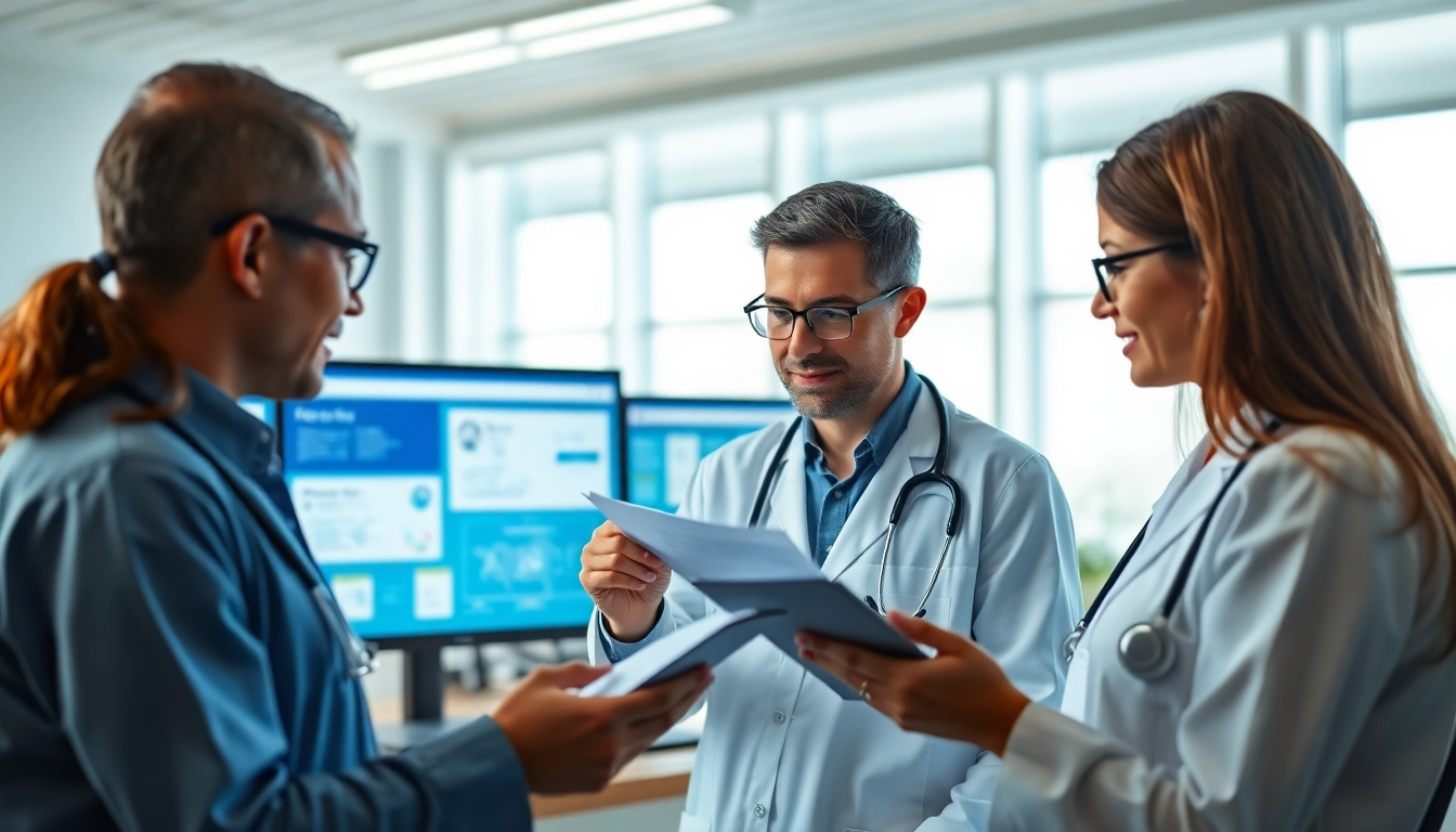 Review ePrescribing software solutions with a healthcare professional in a modern office setting.