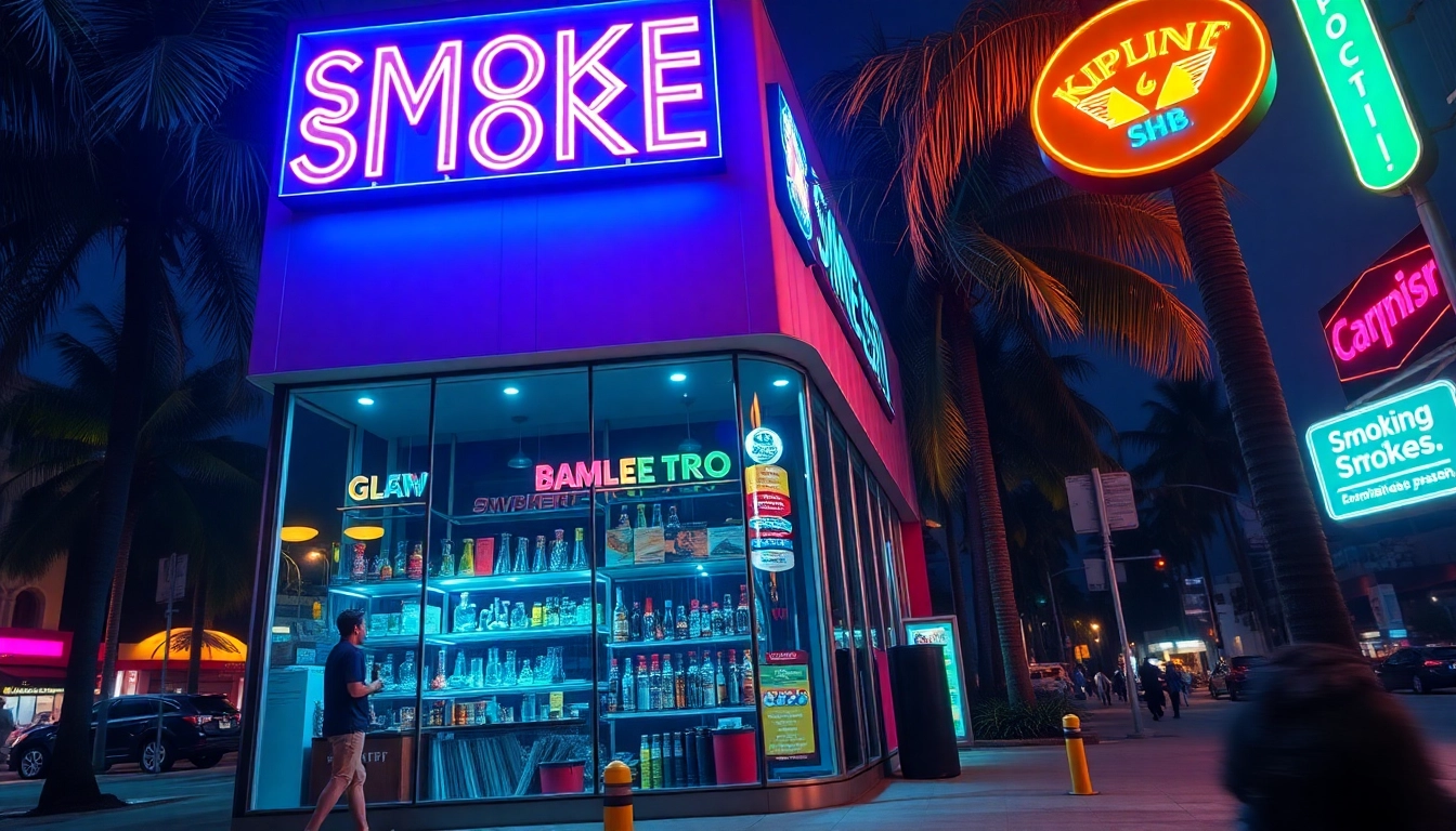 Find your ideal 24 Hour Smoke Shop near me Miami with vibrant displays and lively nighttime atmosphere.